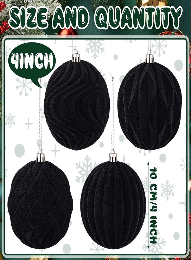 Blueweenly 4 Pcs 4 Inch Black Large Velvet Christmas Ball Ornaments Vintage Christmas Plastic Ball Ornaments Flocked Tree Hanging Decoration for Xmas Party Wedding Home Decor - Image 2